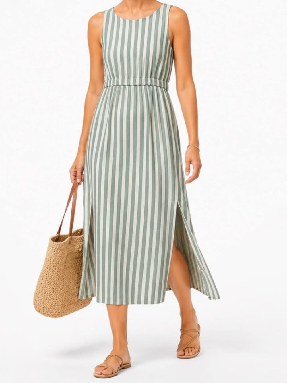 Sleeveless Green Striped Maxi NWT Euro Summer Resort Chic Fun Sundress [size L]